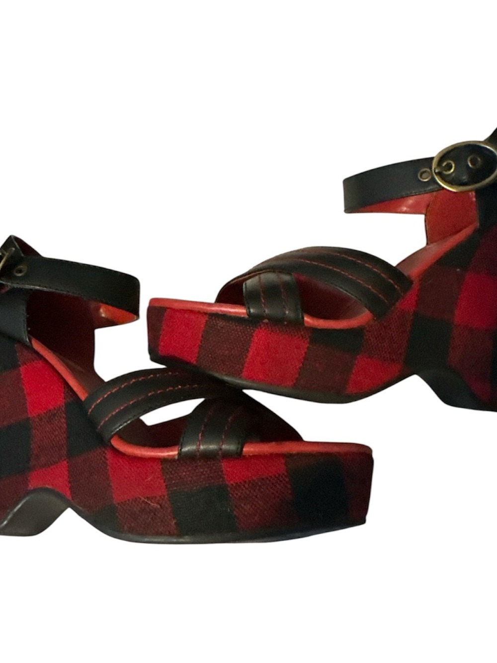 Tommy Hilfiger Red and Black Plaid Platform Sandals leather straps 6.5m like new